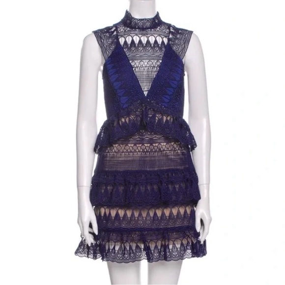 Self Portrait Sleeveless Navy Lace Peekaboo Dress